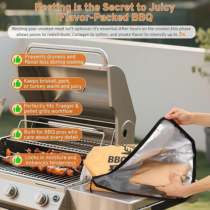 BBQ Blanket for Resting Meat - 21" Reusable Leakproof 5-Layer Insulated Smoker Bag with 20 Butcher Papers, Smoker Accessories & Gifts for Dad (Turkey, Pork, Beef)