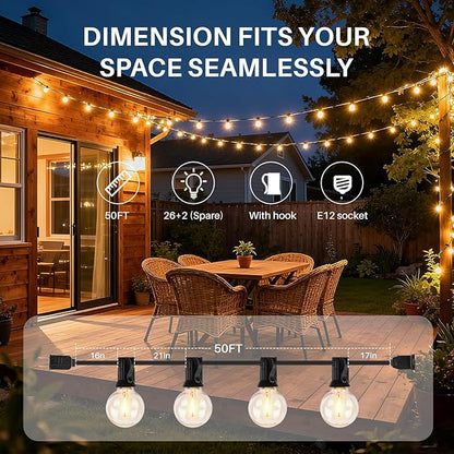 50 FT Outdoor String Lights G40 Globe Shatterproof Patio Lights,26 Plastic Edison Bulbs(2 Spare) IP65 Waterproof Dimmable LED Bulbs for Backyard Porch Balcony Party Decor, E12 Base, 2200K