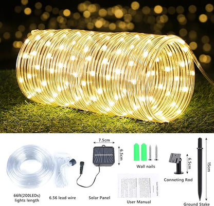 Jnaurb Solar Rope Lights, 66ft 200LED Solar String Lights, 8 Modes Waterproof Solar Outdoor Light, Flexible Clear Trampoline Light for Garden Backyard Patio Deck Porch Pool Tree Decor - Warm White