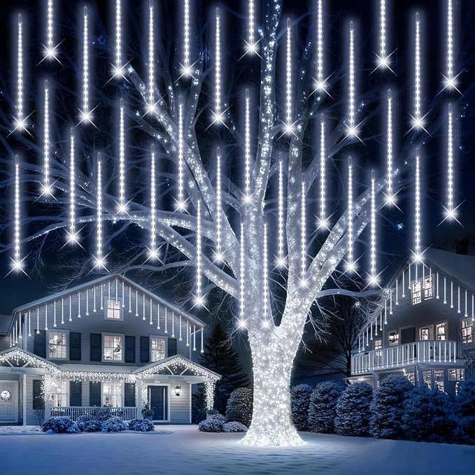 PEMOTech Christmas Lights Outdoor,24 Tubes(Equivalent to 3 Sets of 8-Tubes) 576 Led Meteor Shower Lights, Waterproof Icicle Light for Xmas Tree Halloween Party, Ul Plug,Cool White