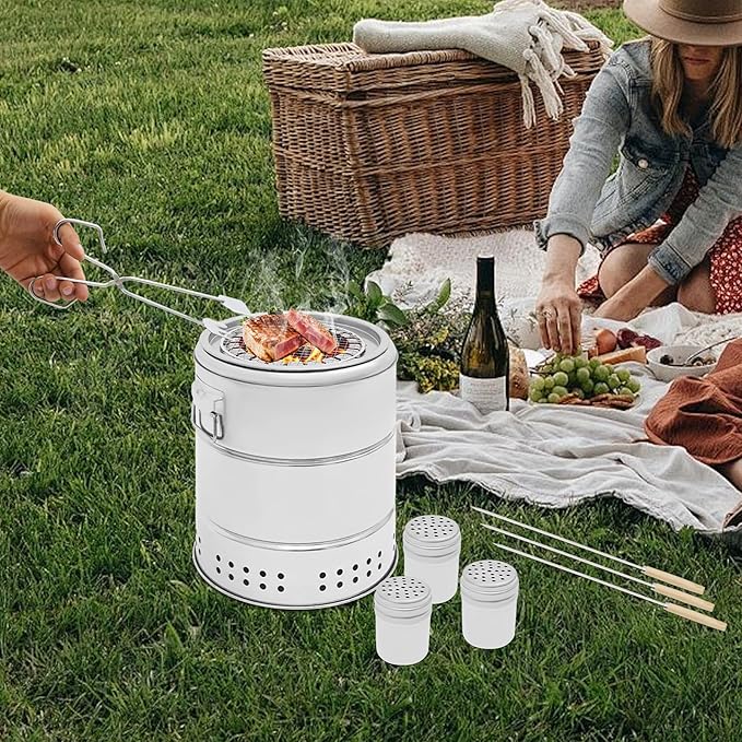Smokeless Charcoal Hanging Grill, 30-skewers Stainless BBQ Grill Barrel,360° Portable Charcoal Grills for Backyard, Patio & Camping, Double-Layer for Adults & Family