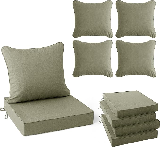 Summsun Water Resistant Outdoor Chair Cushions, Faux Linen Backrest and Seat Cushion Set with Ties, Removable Cover, Non-Slip Bottom for Patio Furniture, 19 x 19 Inch, Mocca Green, Set of 4