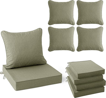 Summsun Water Resistant Outdoor Chair Cushions, Faux Linen Backrest and Deep Seat Cushion Set with Ties, Removable Cover, Non-Slip Bottom for Patio Furniture, 24 x 24 Inch, Mocca Green, Set of 4