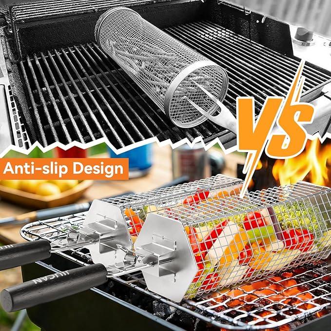 Grill Baskets Set, 2 PCS Stainless Steel Grill Baskets with Removable Wooden Handles, Nesting BBQ Tools, Hexagon Design for Outdoor Cooking Camping, Birthday Gifts for Men Dad Husband