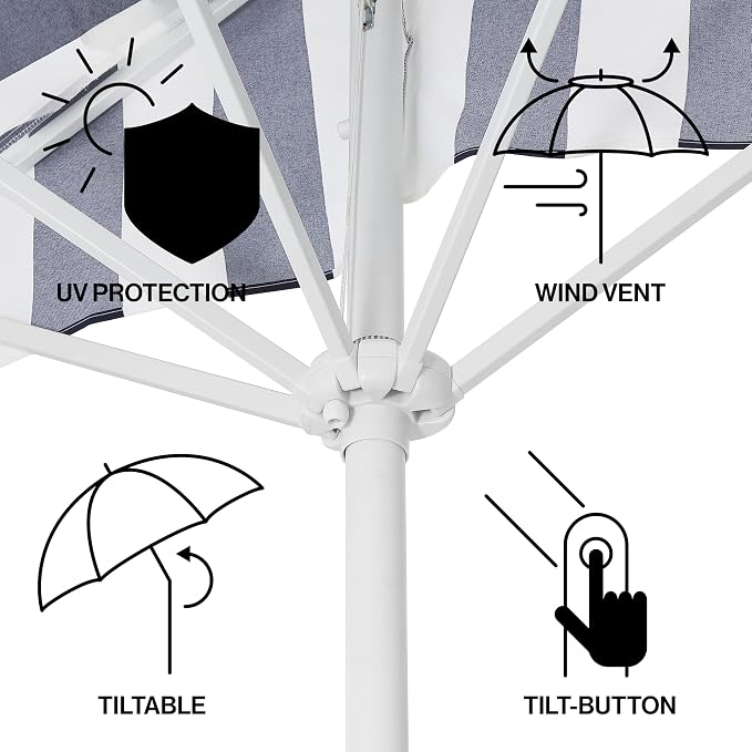 JONATHAN Y Beverly 9 ft. Striped Half Umbrella, Navy/White | Coastal Scalloped Fringe, Crank Lift, 30 Degree Manual Tilt, UV 50 Fabric Canopy, Aluminum Frame, Space Saving Design