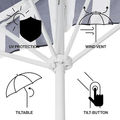 JONATHAN Y Beverly 9 ft. Striped Half Umbrella, Navy/White | Coastal Scalloped Fringe, Crank Lift, 30 Degree Manual Tilt, UV 50 Fabric Canopy, Aluminum Frame, Space Saving Design