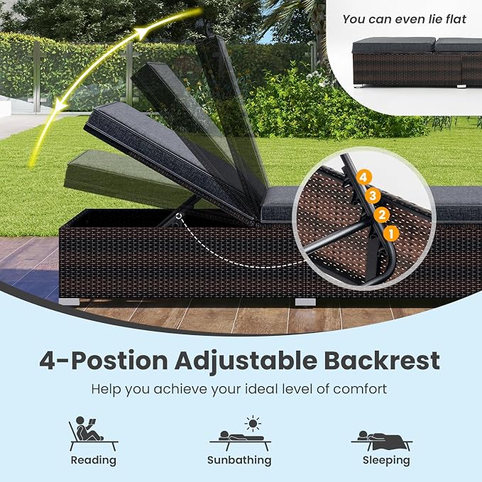 Tangkula Outdoor Chaise Lounge, Patio Wicker Lounge Chair w/ 4-Level Backrest, Heavy-Duty Metal Frame, Outside Rattan Reclining Chair w/Long Seat Cushion for Backyard, Poolside