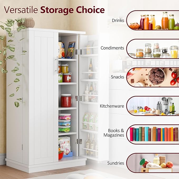 SUNLEI 47" Kitchen Pantry Storage Cabinet, Modern Freestanding Pantry Storage Cabinet with Adjustable Shelves, Buffet Cupboards Storage for Kitchen, Dining Room, White