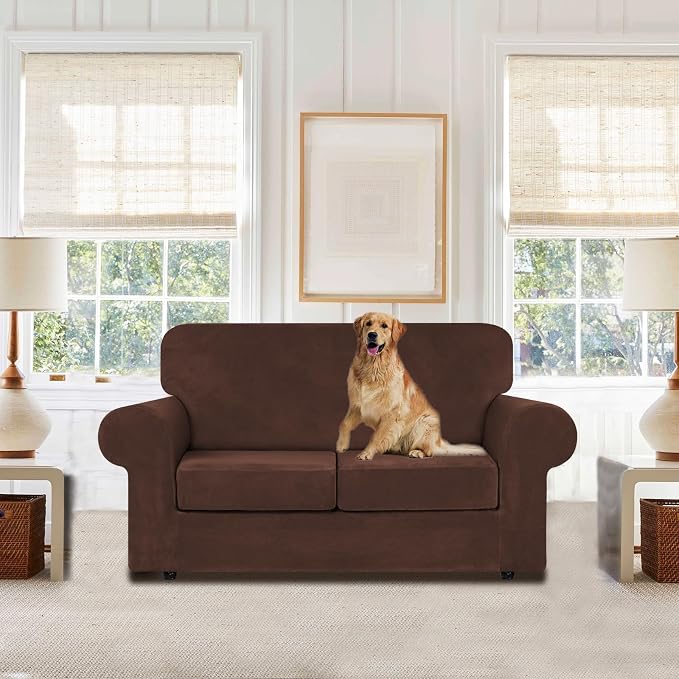 WEERRW Velvet Stretch 3 Pieces Couch Cover for Sofa Washable, Chocolate | Love Seat Couch Covers for 2 Cushion Couch Sofa Furniture Protector slipcoves with Elastic Bottom for Kids, Medium