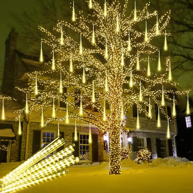 Aluan Christmas Lights Outdoor Meteor Shower Rain Lights, 40cm/16inch 10 Tubes 360 LEDs Waterproof Falling Rain Hanging Light with UL Plug for Christmas Holiday Party Home Garden Decor, Warm White
