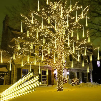 Aluan Christmas Lights Outdoor Meteor Shower Rain Lights, 40cm/16inch 10 Tubes 360 LEDs Waterproof Falling Rain Hanging Light with UL Plug for Christmas Holiday Party Home Garden Decor, Warm White