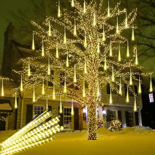 Aluan Christmas Lights Outdoor Meteor Shower Rain Lights, 40cm/16inch 10 Tubes 360 LEDs Waterproof Falling Rain Hanging Light with UL Plug for Christmas Holiday Party Home Garden Decor, Warm White