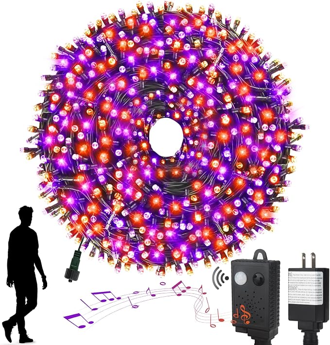 Halloween Lights, 105FT 300 LED Halloween String Lights | With Spooky Music Twinkle Waterproof Purple Orange Light Plug in for Indoor Outdoor Tree Party Yard Room Decor