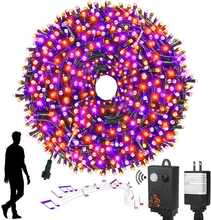 Halloween Lights, 105FT 300 LED Halloween String Lights | With Spooky Music Twinkle Waterproof Purple Orange Light Plug in for Indoor Outdoor Tree Party Yard Room Decor