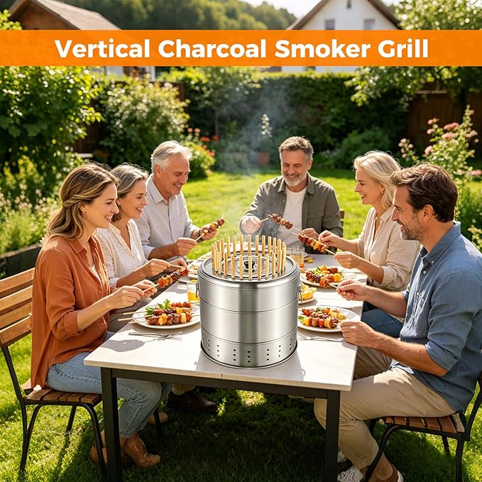 Smokeless Barbecue Charcoal Barrel Grill, 360° All Surround Charcoal kebab Grill with 28 Skewers, Stainless Steel Portable BBQ for Picnics, Camping, Travel, Parties, Beaches