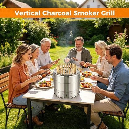 Smokeless Barbecue Charcoal Barrel Grill, 360° All Surround Charcoal kebab Grill with 28 Skewers, Stainless Steel Portable BBQ for Picnics, Camping, Travel, Parties, Beaches