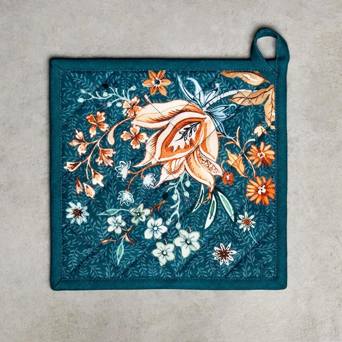 Maison d' Hermine Pot Holders 100% Cotton Potholders (8" x 8", Pack of 1) | Heat Resistant Hot Pads with Loop BBQ Cooking Kitchen Handling Hot Pans Thanksgiving Christmas - Luxury Loft - Dark Teal