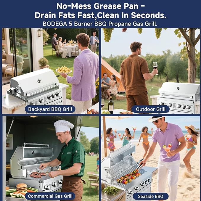 BODEGA 5 Burner Built In Gas Grill Island Head, Stainless Steel 30 Inch Propane Grill with Rear Burner, 58000 BTUs, 988.5 SQ In Racks, Dual Fuel Compatibility, Gas Grill Outdoor Cooking, BBQ Fork Kit.
