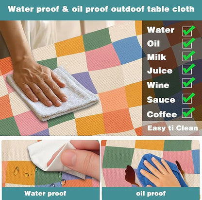Fitted Picnic Table Cover with Bench Covers and Bag | Camping Essentials, Colorful Checkered Outdoor Waterproof Picnic Tablecloth with Elastic Edges, 3 Pcs Set 30x96 Inch