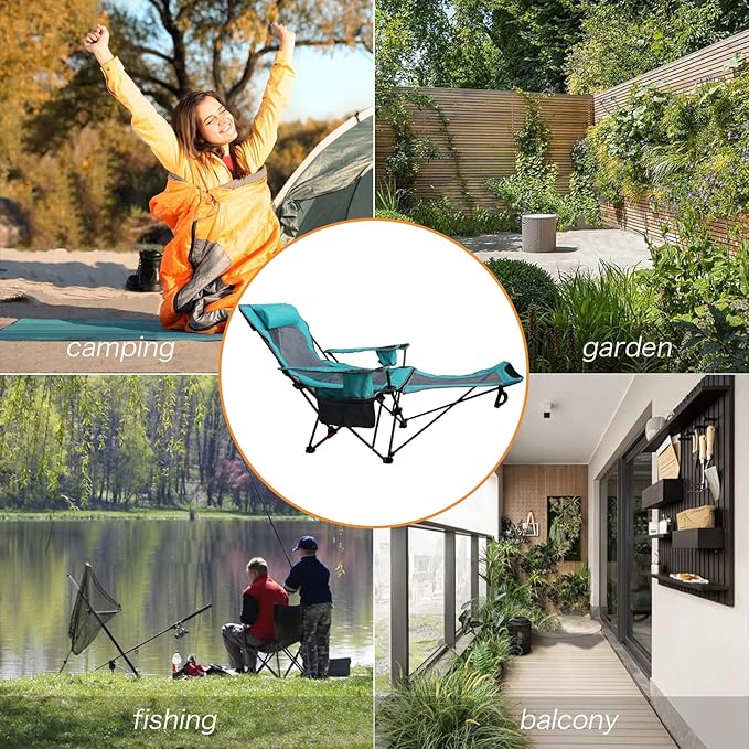 Reclining Camping Chair with Removable Footrest Lounge Chair with Headrest, Cotton Cushion, Portable Adjustable Folding Chairs