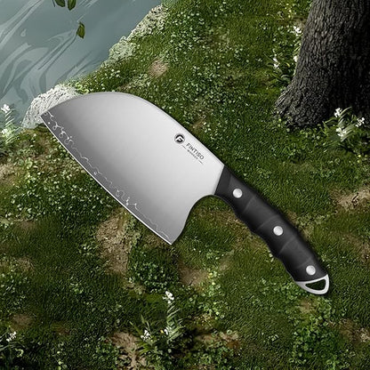 FINTISO Serbian Chef Knife, 6.5 Inch Hand Forged Meat Cleaver Knife with 5-Layer High Carbon Stainless Steel, Full Tang Outdoor-Proof G10 Handle, Ideal for Kitchen, Camping & BBQ Cooking