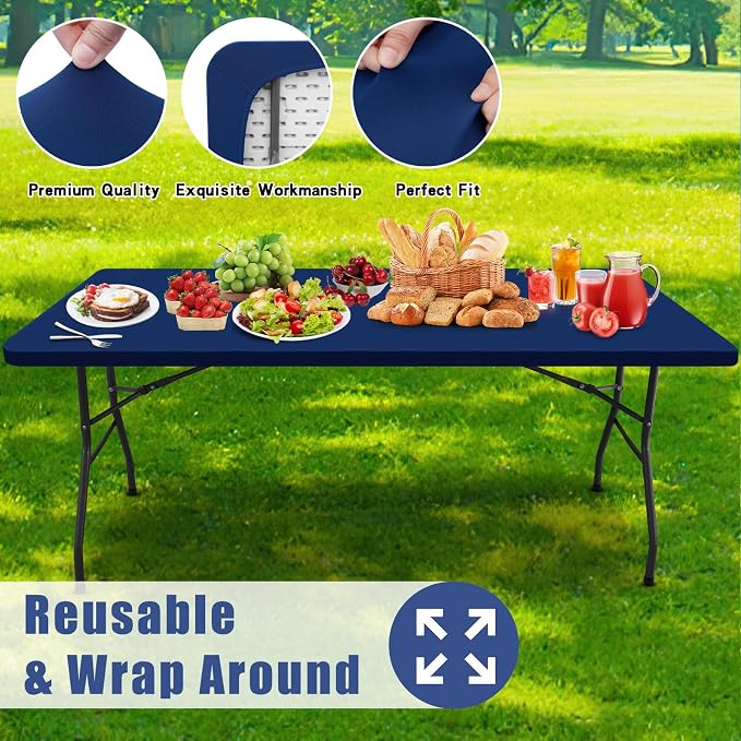 Moosfor Spandex 6 Foot Rectangle Table Cloth, Elastic Fitted Tablecloths for Picnic, Stretch Washable Patio Table Cover for Outdoor, Camping, Banquet and Parties (Navy, 36"x72")