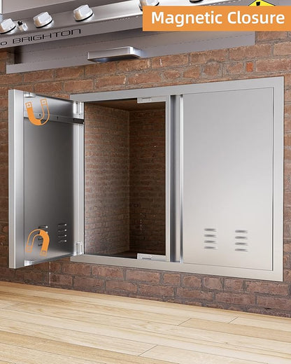 26" W X 24" H BBQ Access Door, Outdoor Kitchen Double Doors with Recessed Handle and Vents, Thickened 304 Stainless Steel Outdoor Kitchen Accessories Door for Indoor, Outdoor, Silver