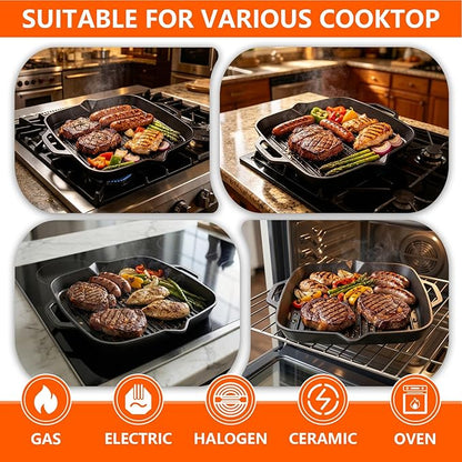 11" Cast Iron Square Grill Pan, Professional Pre-Seasoned Griddle with Handles, Heavy Duty Cooking Skillet, Induction Compatible, Suitable for Stovetop, Oven, BBQ & Fire, Indoor Outdoor Use