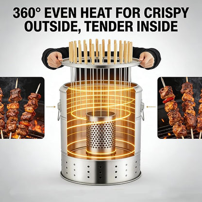 Portable Smokeless Charcoal Grill Barrel, 28-Skewer Vertical Barbecue Grill for Outdoor & Indoor, Stainless Steel 360° Rotating Kebab BBQ Grill, Large Capacity Camping Grill for 6-10 People, 15.4x16.9