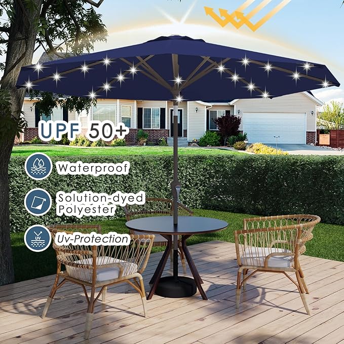 9FT Patio Umbrella with Solar Lights,Outdoor Market Umbrella with Tilt and Crank, LED Lighted Table Umbrella for Garden,Deck,Backyard,Pool,Beach (Navy)