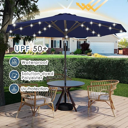 9FT Patio Umbrella with Solar Lights,Outdoor Market Umbrella with Tilt and Crank, LED Lighted Table Umbrella for Garden,Deck,Backyard,Pool,Beach (Navy)