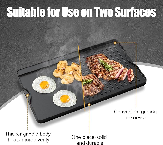 2-in-1 Reversible 16” x 24” Pre-Seasoned Cast Iron Cooking Griddle | for Gas Stove/Charcoal/Electric/Propane/Gas Grill, Flat Griddle Top Plate for Camping Tailgating