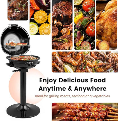 HAPPYGRILL 1600W Electric Grill Outdoor, Portable BBQ Grill with Warming Tray, Removable Non-Stick Grill Rack, Adjustable Temperature& Oil Drip Tray for Patio, Camping, Picnic (Balck)