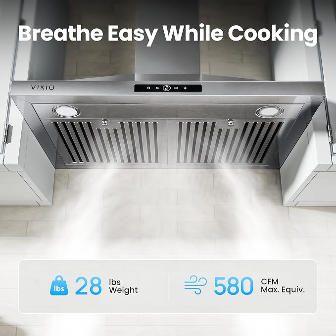 VIKIO HOME 30 Inch Wall Mount Range Hood 580CFM Low Noise Touch Control | Ducted/Ductless Convertible, Stainless Steel Kitchen Vent Hood with 3-Speed Fan and LED Lights