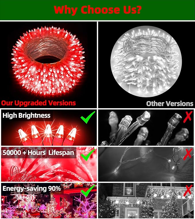 QUHUATU 300LED Valentine Lights, 75ft Indoor Outdoor Valentines Day Decorations with 12 Modes, Red Christmastree Lights with Timer Dimmable Connectable for Fence Garden Xmas Wedding Party Decor Red