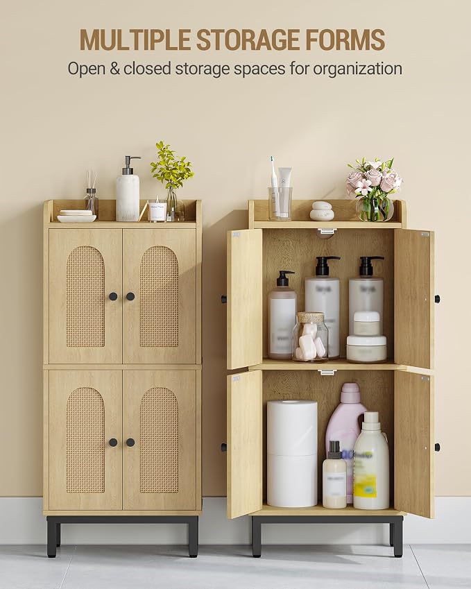 Hzuaneri Bathroom Cabinet, Small Storage Cabinet with 4 Doors | Bathroom Organizers and Storage Cabinets with Adjustable Feet. Cabinets Freestanding for Living Room, Kitchen, Rattan Yellow