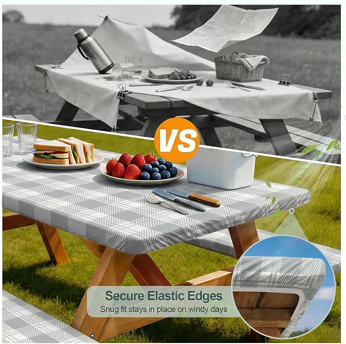 Picnic Table Cover Bench Covers Camping Essentials Tablecloth | Waterproof Vinyl for Outdoor, Windproof Elastic Fitted Edges, RV BBQ Accessories Must Haves, Storage Bag Included