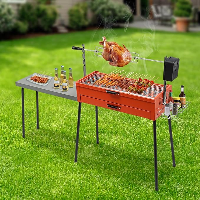 Portable Charcoal Grill, Stainless Steel Outdoor BBQ Grill, Camping Barbecue Grill for Garden Backyard Party Picnic Cooking with Rotisserie Grill Kit, Side Table & Adjustable Leg