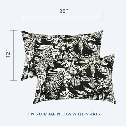 LVTXIII Outdoor/Indoor Lumbar Pillows, Decorative Patio Lumbar Cushions, Fluffy Water Repellent Garden Cushions for Home Patio Coach Sofa Use, 12×20 Inch, Pack of 2, Tropical Leaf Black