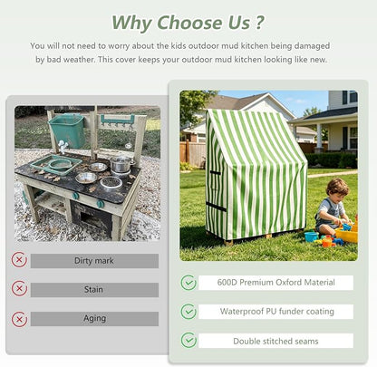 Kids Outdoor Mud Kitchen Cover,Heavy Duty Waterproof & Anti-UV Dustproof Outdoor Wooden Play Kitchen Covers,31.5" W x 19.7" D x 37.4" H,Cover Only(Green)