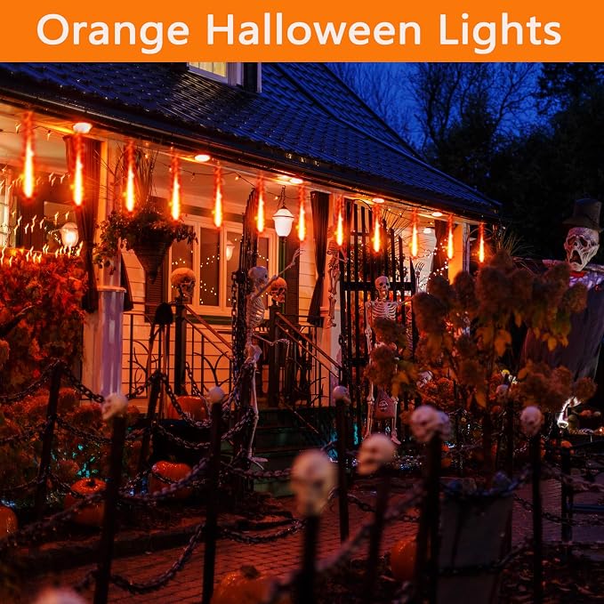 Halloween Yard Decorations: Orange Meteor Shower Lights for Outdoor Decor | 16-Tube Equivalent to 2 Sets of 8-Tube, Waterproof Orange Icicle Lights for Front Yard Halloween Fall Outdoor Decor, UL Plug