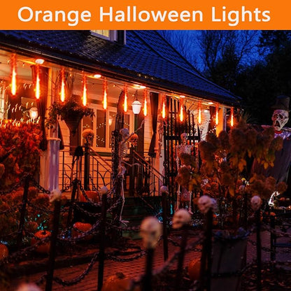Halloween Yard Decorations: Orange Meteor Shower Lights for Outdoor Decor | 16-Tube Equivalent to 2 Sets of 8-Tube, Waterproof Orange Icicle Lights for Front Yard Halloween Fall Outdoor Decor, UL Plug