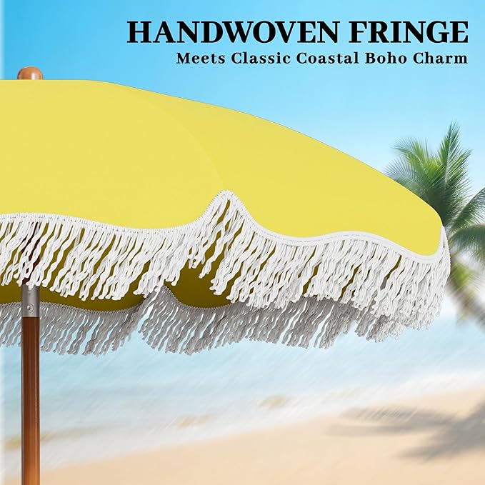 AreShark 7ft Patio Umbrella with Fringe, UPF50+ Beach Umbrella for Table, Pool & Garden, Portable Outdoor Tassels Umbrella w/Fiberglass Ribs&Push Bottom Tilt(Yellow)