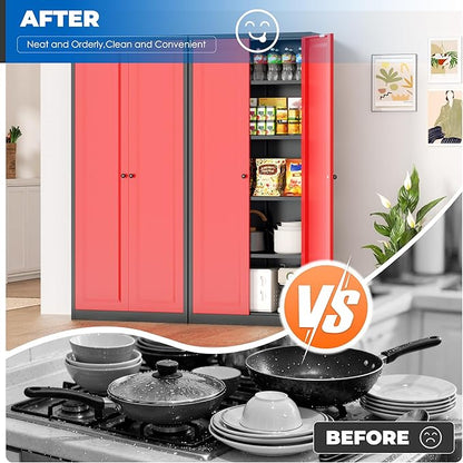 INTERGRAET Kitchen Pantry Cabinet, 63" Tall Metal Pantry Storage Cabinets with 2 Doors and 4 Shelves, Metal Storage Cabinet,Cupboard for Home,Kitchen,Living Room/Dining, Black Red