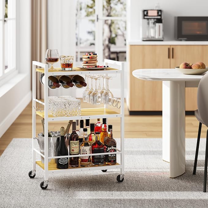 TUTOTAK Bar Cart with Wheels, Drink Cart with Wine Rack and Glass Holder | 3-Tier 23.7 Inch Wide Home Bar Serving Carts, Small Mobile Kitchen Shelf with 6 Hooks BC01BOW030