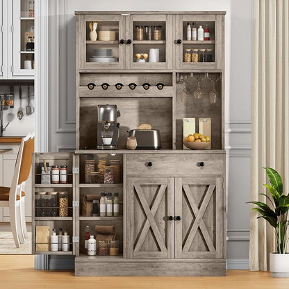 DWVO 71''H Pantry Cabinet with Drawer, Doors, Goblet Holder, Wine Rack for Storage, Pantry Cabinet with Power Outlet for Kitchen & Living Room (Grey Oak) | Tall Cabinet with Doors, Shelves & Drawer, Buffet Cabinet with Goblet Holder and Wine Rack for K...