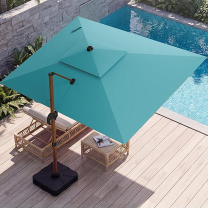10x13 FT Wood Pattern Patio Umbrella with Base, Large Deluxe Cantilever Rectangular Double Top Heavy Duty Offset Umbrellas with 360° Rotation, Outdoor shade for Garden Pool Patio, Turquoise