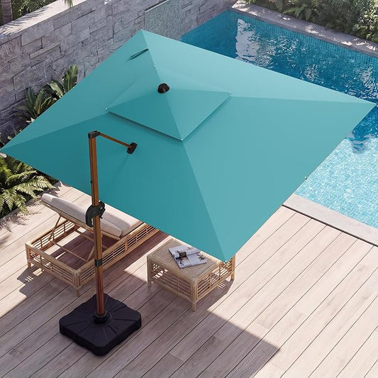 10x13 FT Wood Pattern Patio Umbrella, Large Deluxe Cantilever Rectangular Double Top Heavy Duty Offset Umbrellas with 360° Rotation, Outdoor shade for Garden Deck Pool Patio, Turquoise