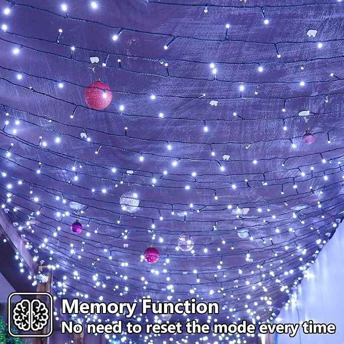 YEGUO 66ft 200 LED White String Lights Outdoor Waterproof, Green Wire Christmas Lights Indoor, 8 Modes Twinkle Tree Lights Plug in with Memory Timer
