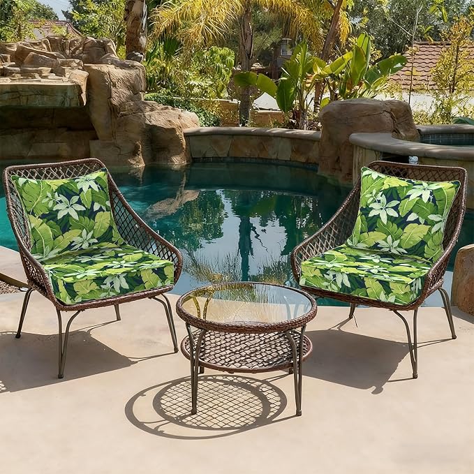 DYTXIII Outdoor Deep Seat Cushion Set, Water Repellent 22"x22" Patio Thick Cushions Replacement with Seat & Back Pillow for Patio Sofa, Wicker Chair, Couch - Jungle Leaves
